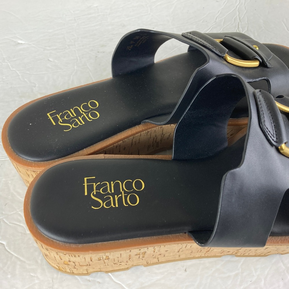Franco Sarto Hesta Platform Sandals Womens 9.5M Black Cork Wedge Slide - Picture 5 of 8